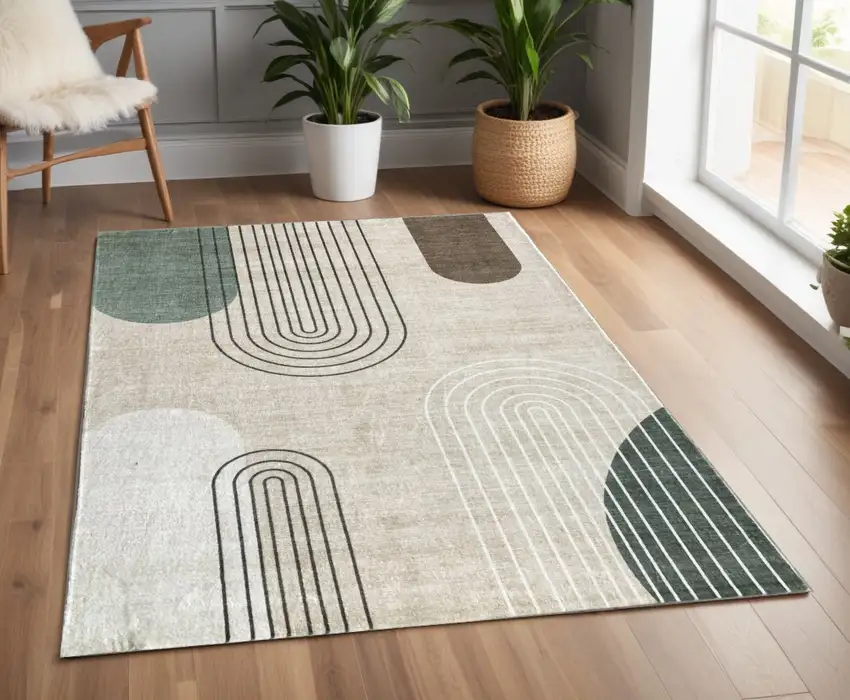 Beige Brown and Green Abstract Area Rug Photo 1