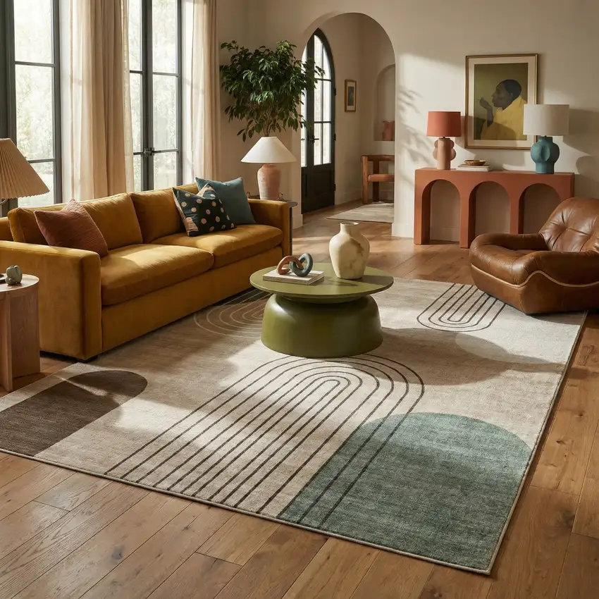 Beige Brown and Green Abstract Area Rug Photo 5