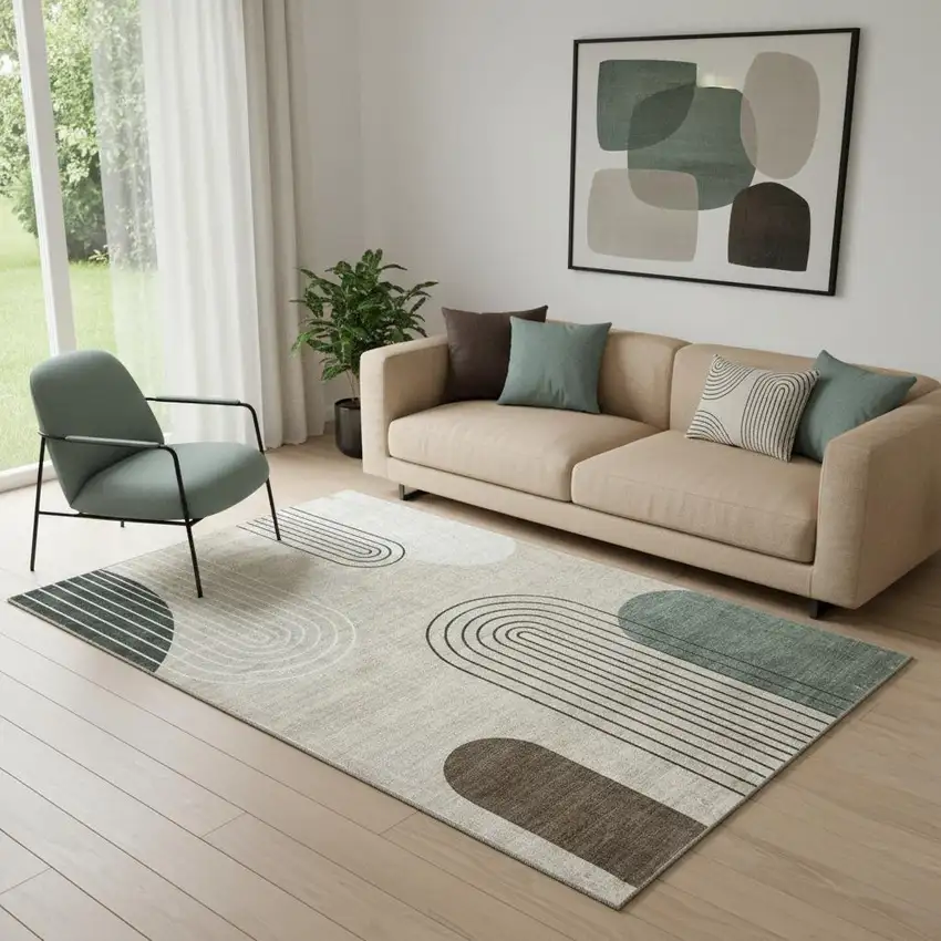 Beige Brown and Green Abstract Area Rug Photo 1