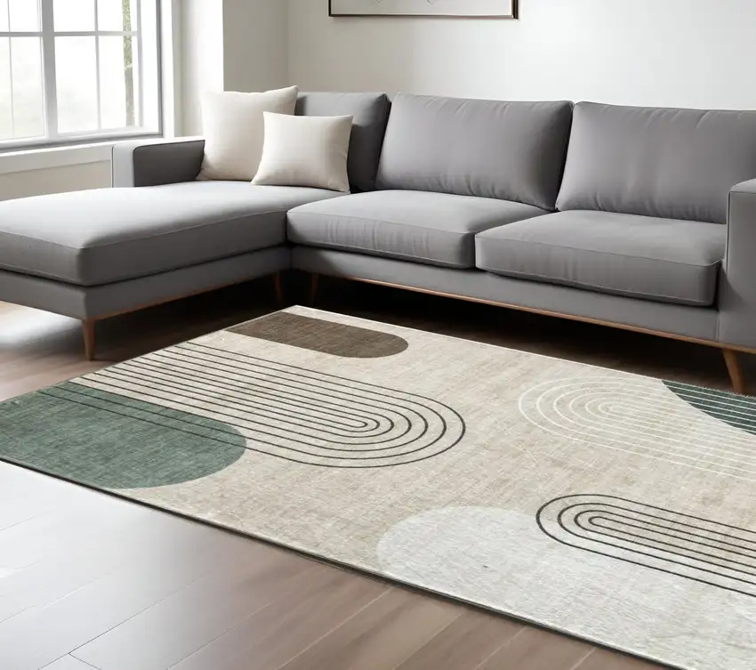 Beige Brown and Green Abstract Area Rug Photo 1