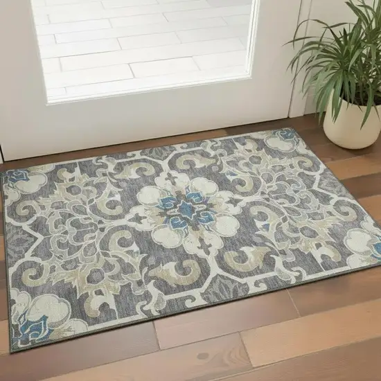 Beige Charcoal And Blue Floral Medallion Washable Area Rug With UV Protection Photo 2