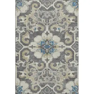 Photo of Beige Charcoal And Blue Floral Medallion Washable Area Rug With UV Protection