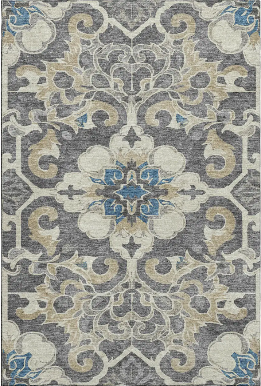Beige Charcoal And Blue Floral Medallion Washable Area Rug With UV Protection Photo 1