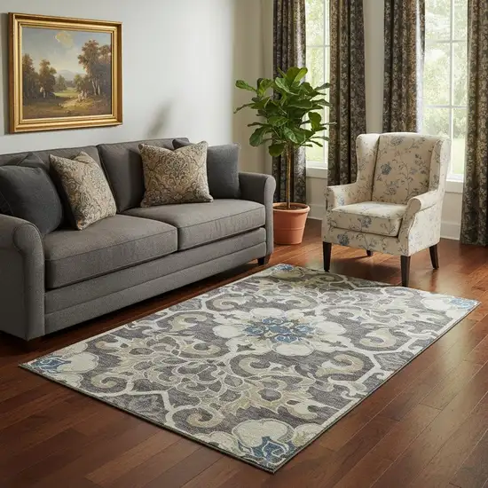 Beige Charcoal And Blue Floral Medallion Washable Area Rug With UV Protection Photo 2