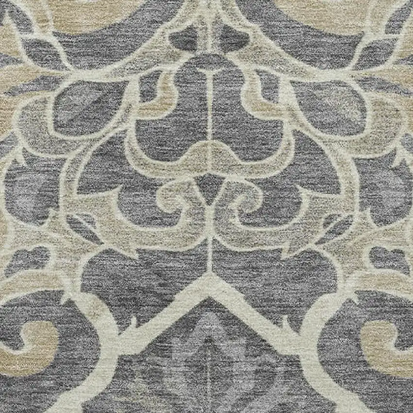 Beige Charcoal And Blue Floral Medallion Washable Area Rug With UV Protection Photo 3