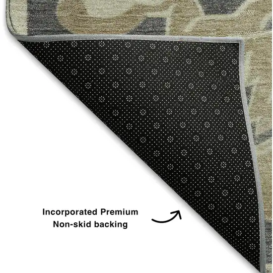 Beige Charcoal And Blue Floral Medallion Washable Area Rug With UV Protection Photo 7