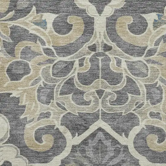 Beige Charcoal And Blue Floral Medallion Washable Area Rug With UV Protection Photo 4