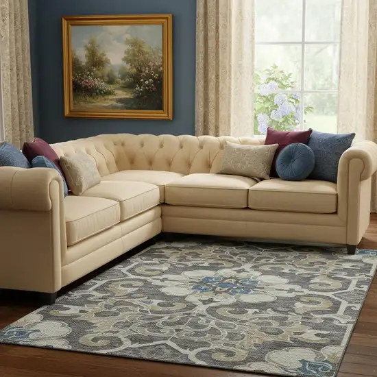 Beige Charcoal And Blue Floral Medallion Washable Area Rug With UV Protection Photo 2