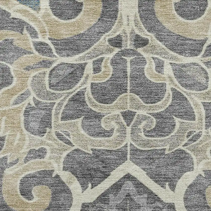 Beige Charcoal And Blue Floral Medallion Washable Area Rug With UV Protection Photo 3