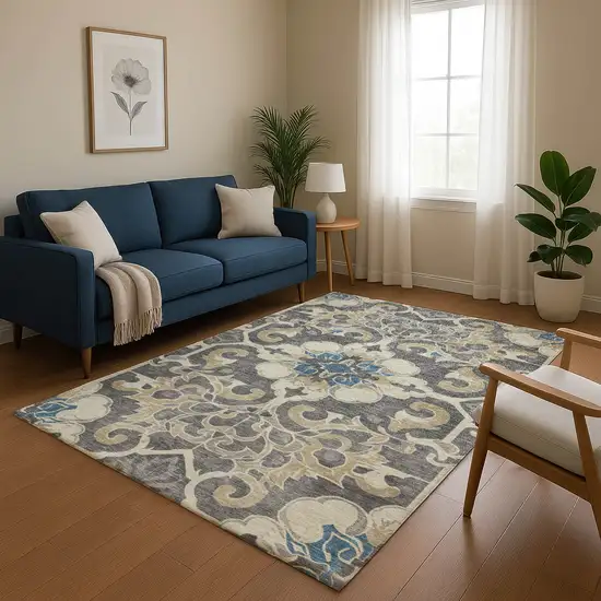 Beige Charcoal And Blue Floral Medallion Washable Area Rug With UV Protection Photo 5