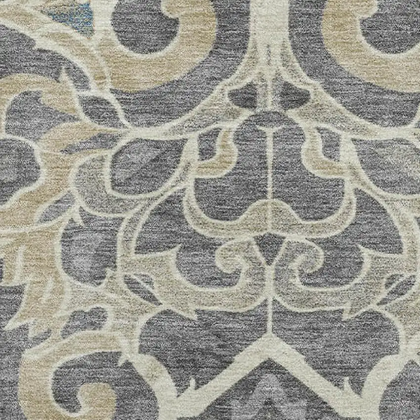 Beige Charcoal And Blue Floral Medallion Washable Area Rug With UV Protection Photo 3