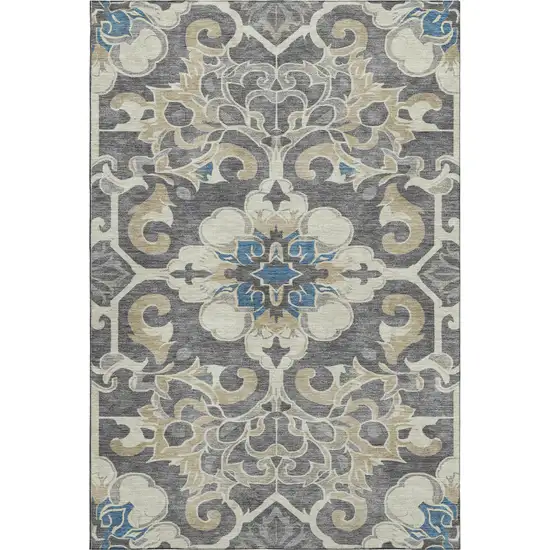 Beige Charcoal And Blue Floral Medallion Washable Area Rug With UV Protection Photo 1