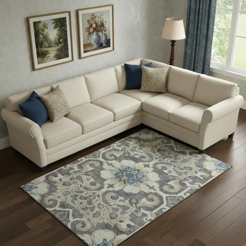 Beige Charcoal And Blue Floral Medallion Washable Area Rug With UV Protection Photo 2