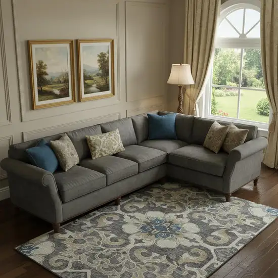 Beige Charcoal And Blue Floral Medallion Washable Area Rug With UV Protection Photo 2