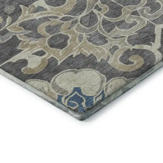 Beige Charcoal And Blue Floral Medallion Washable Area Rug With UV Protection Photo 8
