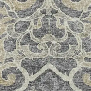Photo of Beige Charcoal And Blue Floral Medallion Washable Area Rug With UV Protection
