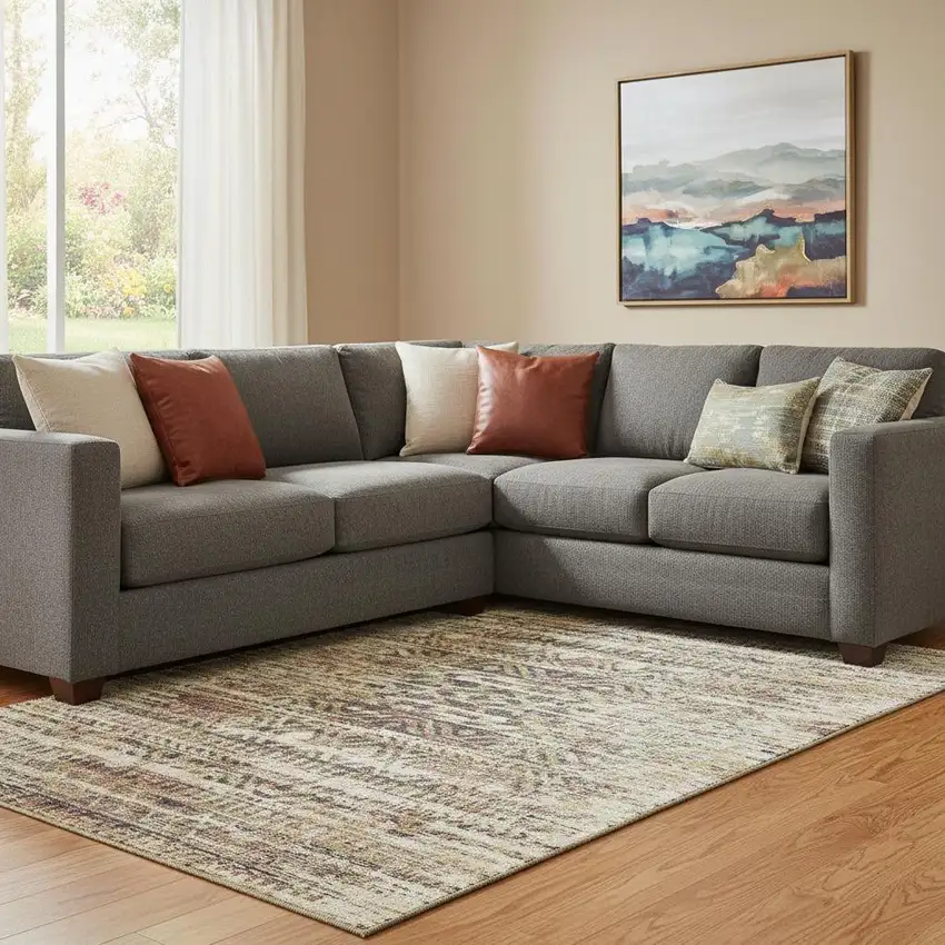 Beige Charcoal And Copper Moroccan Washable Area Rug With UV Protection Photo 2