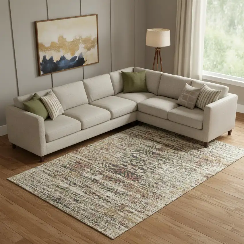 Beige Charcoal And Copper Moroccan Washable Area Rug With UV Protection Photo 2