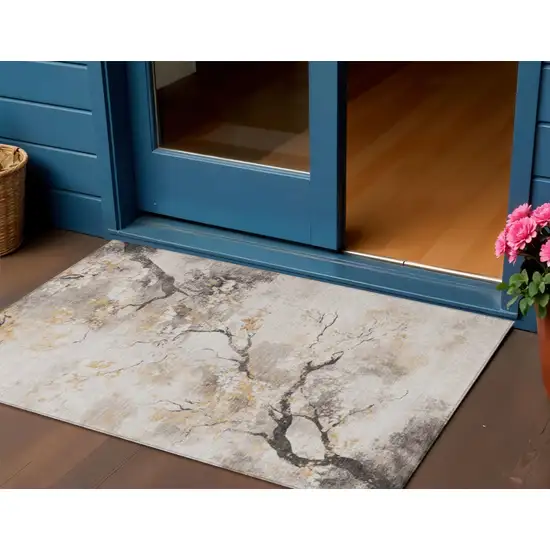 Beige Charcoal And Gold Floral Washable Indoor Outdoor Area Rug Photo 2