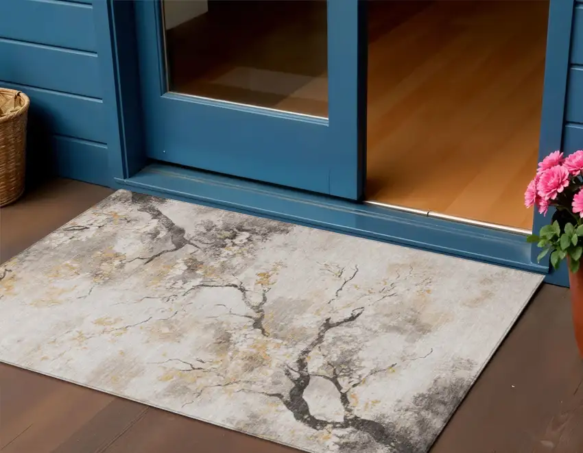 Beige Charcoal And Gold Floral Washable Indoor Outdoor Area Rug Photo 2