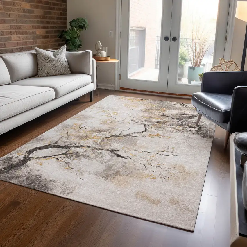 Beige Charcoal And Gold Floral Washable Indoor Outdoor Area Rug Photo 4