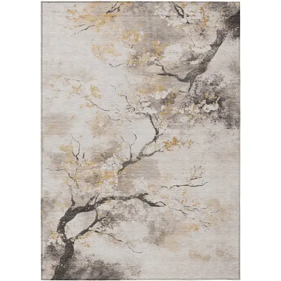 Beige Charcoal And Gold Floral Washable Indoor Outdoor Area Rug Photo 7