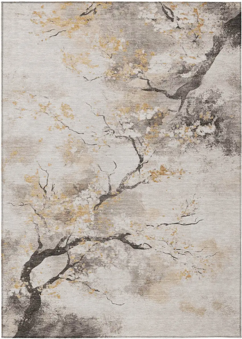 Beige Charcoal And Gold Floral Washable Indoor Outdoor Area Rug Photo 7