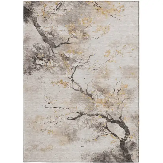 Beige Charcoal And Gold Floral Washable Indoor Outdoor Area Rug Photo 9