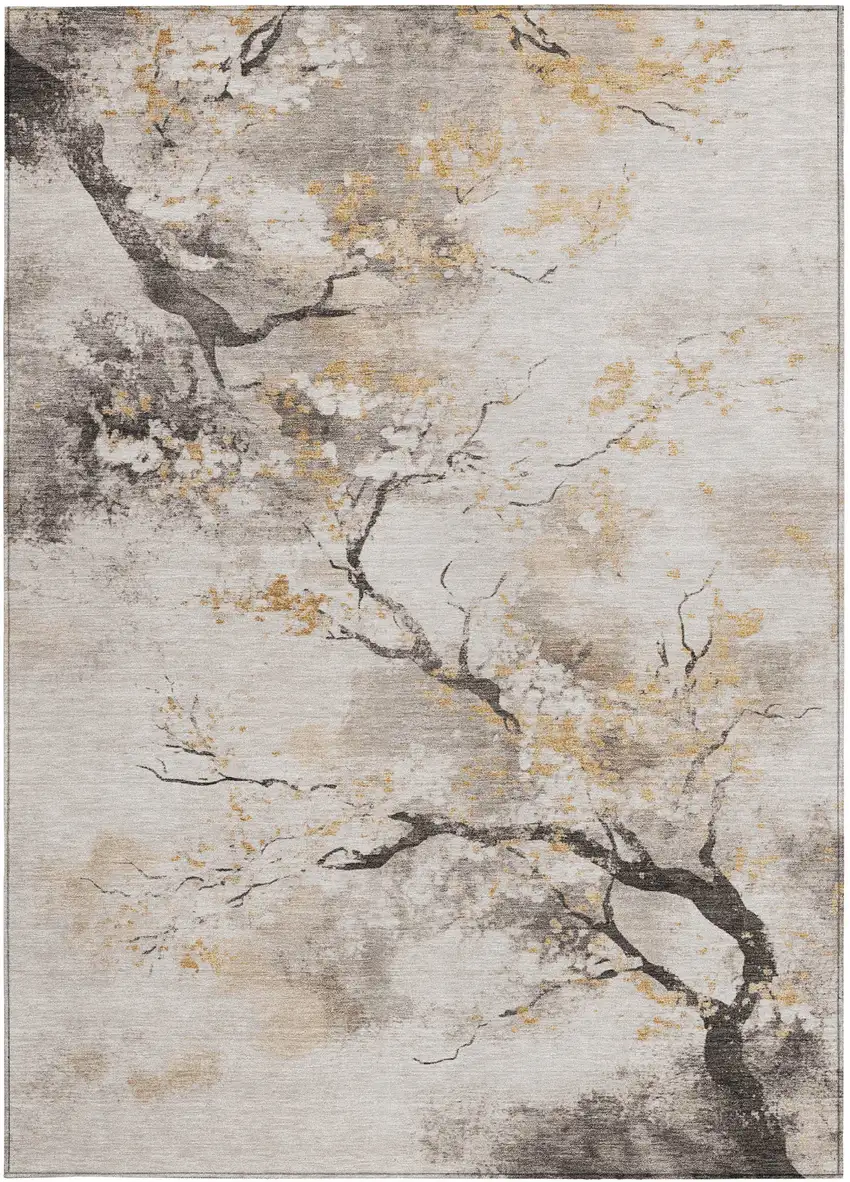 Beige Charcoal And Gold Floral Washable Indoor Outdoor Area Rug Photo 9