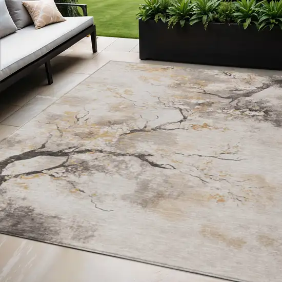 Beige Charcoal And Gold Floral Washable Indoor Outdoor Area Rug Photo 2