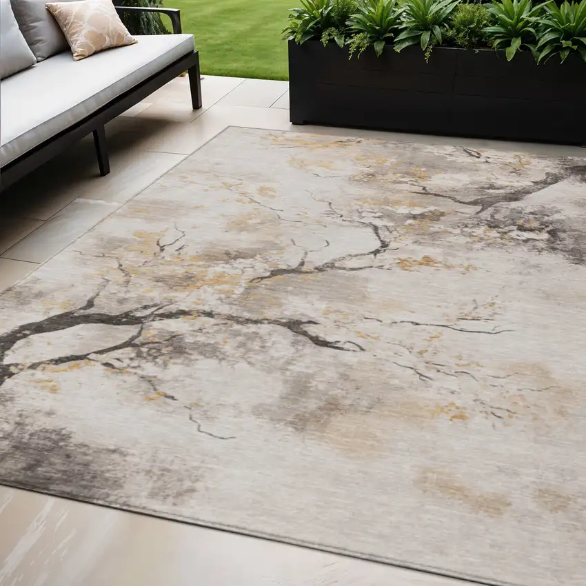 Beige Charcoal And Gold Floral Washable Indoor Outdoor Area Rug Photo 2