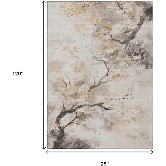 Beige Charcoal And Gold Floral Washable Indoor Outdoor Area Rug Photo 8