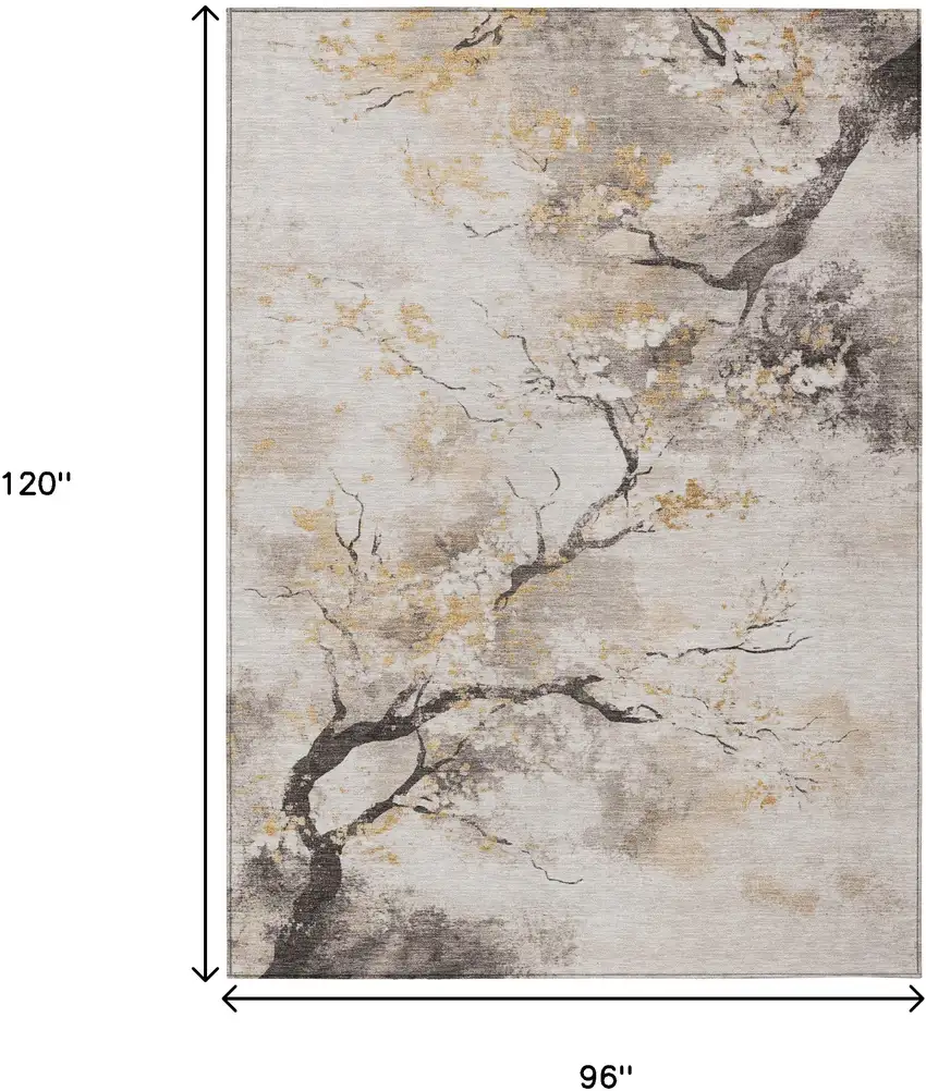 Beige Charcoal And Gold Floral Washable Indoor Outdoor Area Rug Photo 8