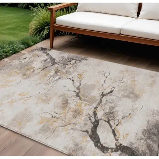 Beige Charcoal And Gold Floral Washable Indoor Outdoor Area Rug Photo 2