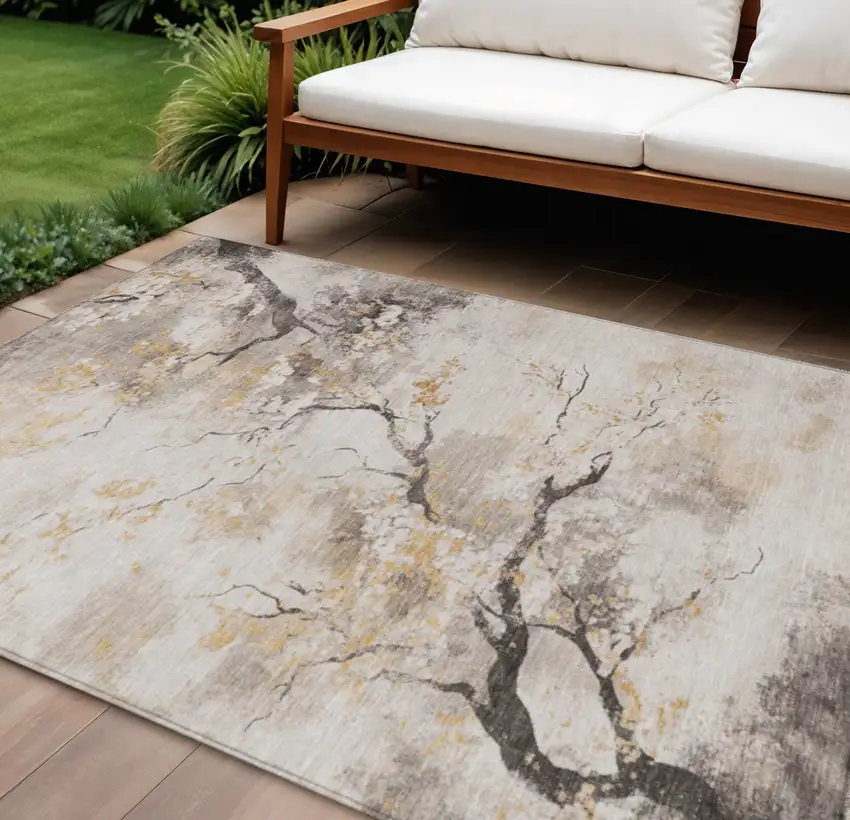 Beige Charcoal And Gold Floral Washable Indoor Outdoor Area Rug Photo 2