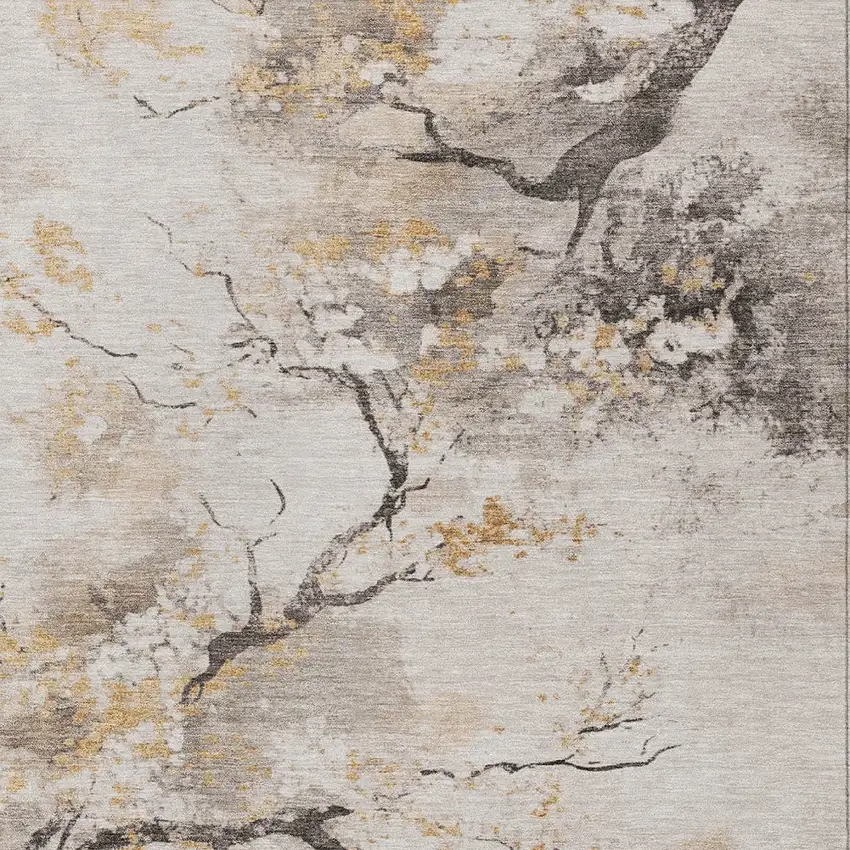 Beige Charcoal And Gold Floral Washable Indoor Outdoor Area Rug Photo 6