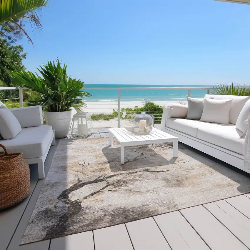 Beige Charcoal And Gold Floral Washable Indoor Outdoor Area Rug Photo 7