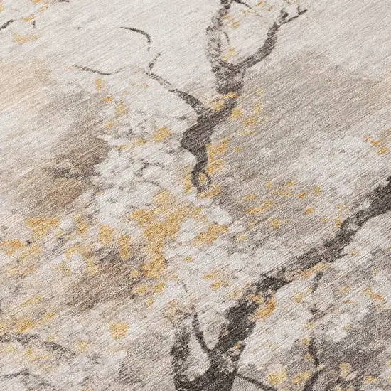 Beige Charcoal And Gold Floral Washable Indoor Outdoor Area Rug Photo 1