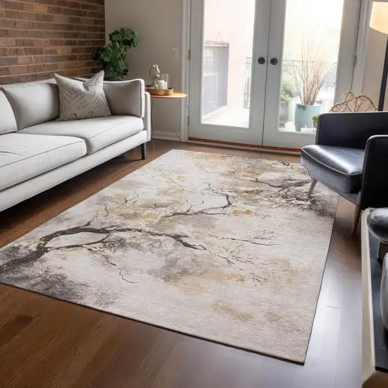 Beige Charcoal And Gold Floral Washable Indoor Outdoor Area Rug Photo 5