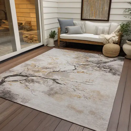 Beige Charcoal And Gold Floral Washable Indoor Outdoor Area Rug Photo 4