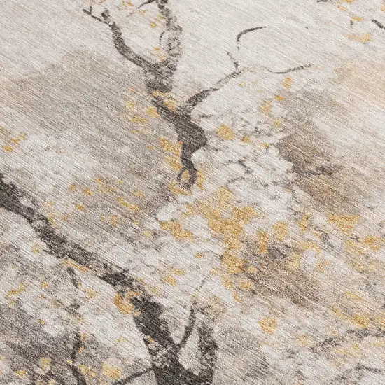 Beige Charcoal And Gold Floral Washable Indoor Outdoor Area Rug Photo 3
