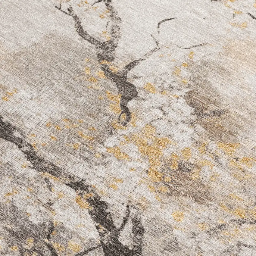 Beige Charcoal And Gold Floral Washable Indoor Outdoor Area Rug Photo 3