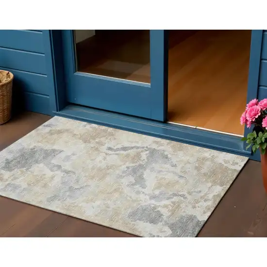 Beige Charcoal And Gray Abstract Washable Indoor Outdoor Area Rug Photo 1