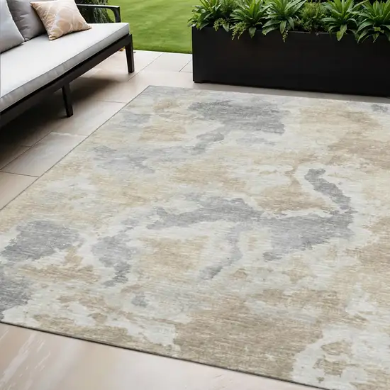 Beige Charcoal And Gray Abstract Washable Indoor Outdoor Area Rug Photo 1