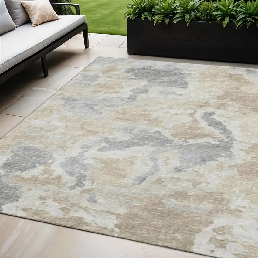 Beige Charcoal And Gray Abstract Washable Indoor Outdoor Area Rug Photo 1