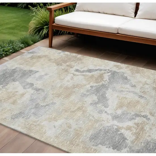 Beige Charcoal And Gray Abstract Washable Indoor Outdoor Area Rug Photo 1