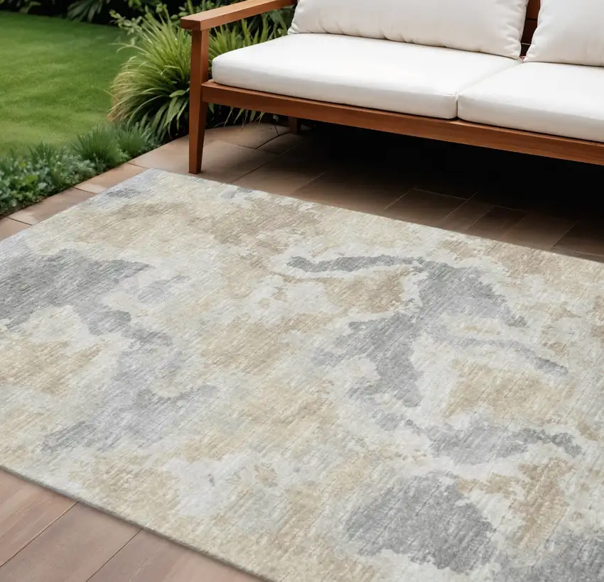 Beige Charcoal And Gray Abstract Washable Indoor Outdoor Area Rug Photo 1