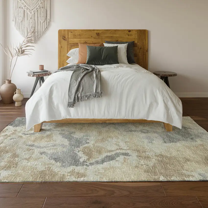 Beige Charcoal And Gray Abstract Washable Indoor Outdoor Area Rug Photo 6