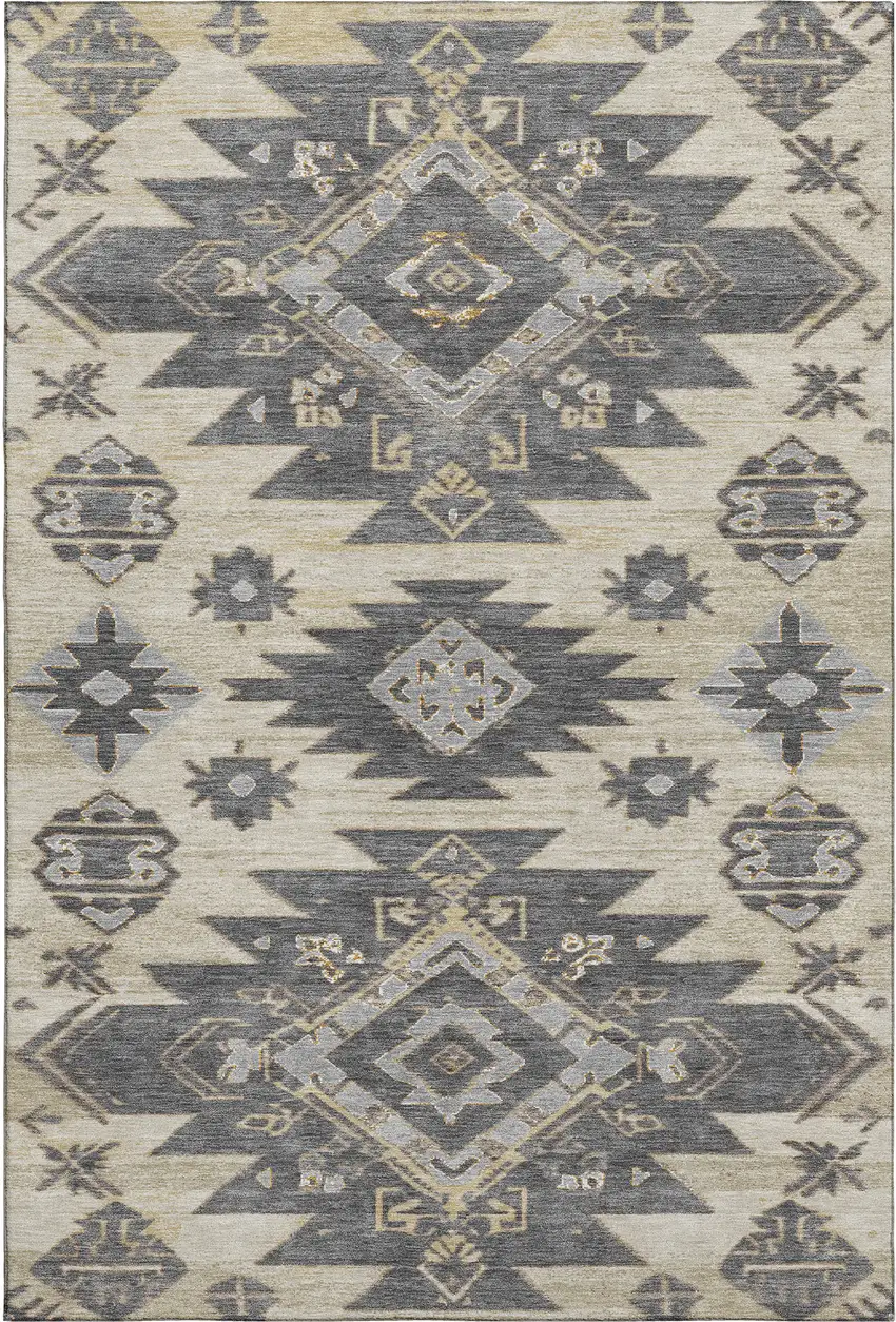Beige Charcoal And Gray Tribal Washable Area Rug With UV Protection Photo 1