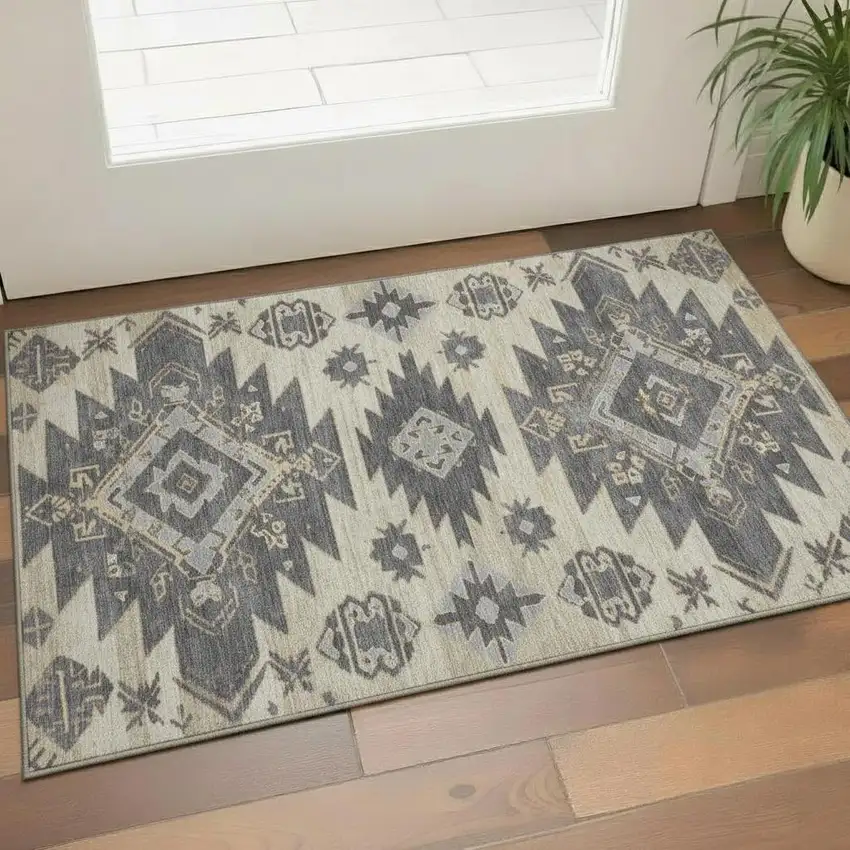 Beige Charcoal And Gray Tribal Washable Area Rug With UV Protection Photo 2
